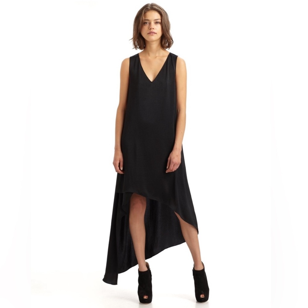 BCBGMaxazria Avery Black Asymmetrical Wrap‎ Midi Dress Sleeveless Deep V-Neck